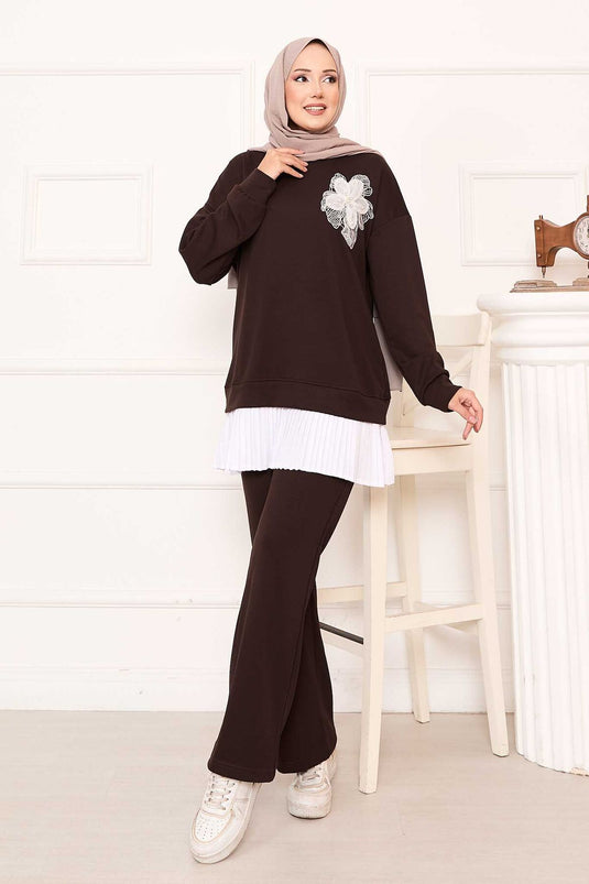 Oysho Suit Brown with Pleated Skirt and Flower Detail