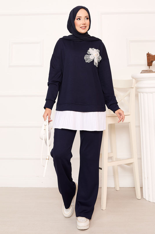 Oysho Suit with Pleated Skirt and Flower Detail, Navy Blue