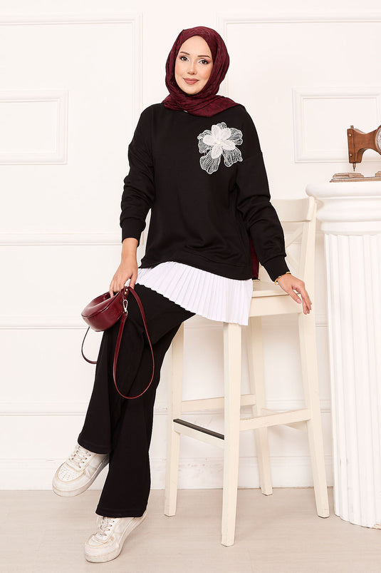 Flower Detailed Pleated Skirt Oyşo Set Black