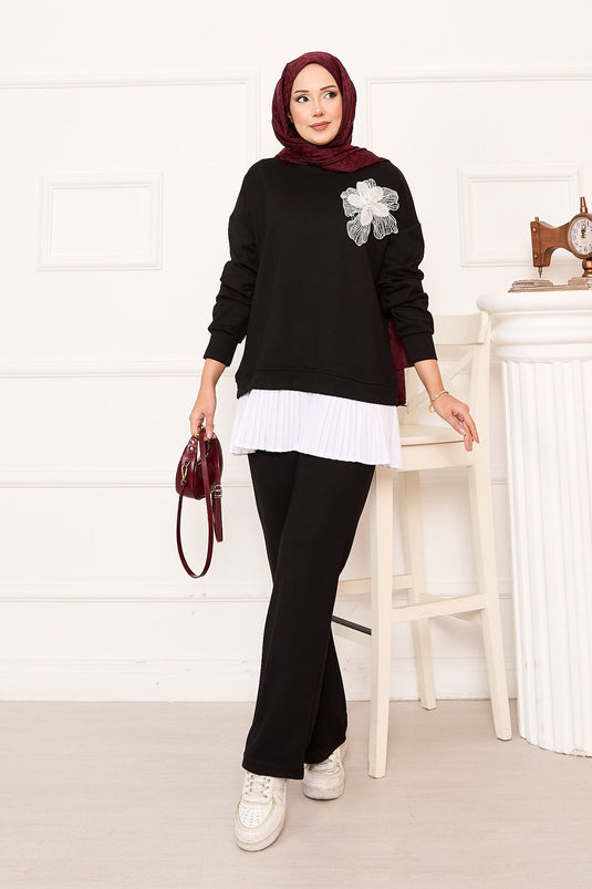 Flower Detailed Pleated Skirt Oyşo Set Black