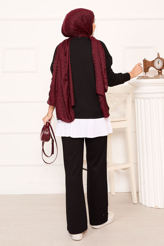 Flower Detailed Pleated Skirt Oyşo Set Black