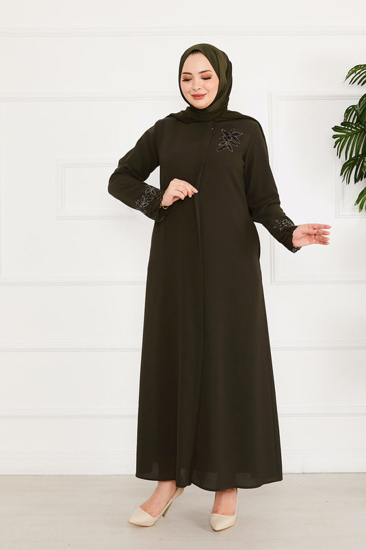 Abaya Hijab Guipure Détail Floral Kaki