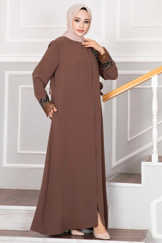 Flower Detailed Lace Covered Abaya Brown