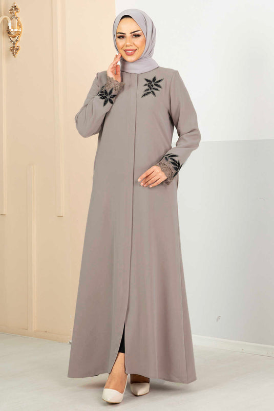 Flower Detailed Lace Covered Abaya Cream