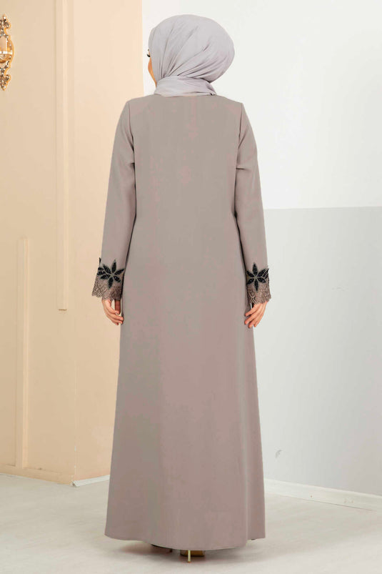 Flower Detailed Lace Covered Abaya Cream