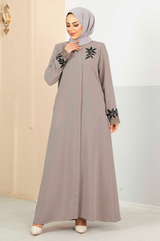 Flower Detailed Lace Covered Abaya Cream