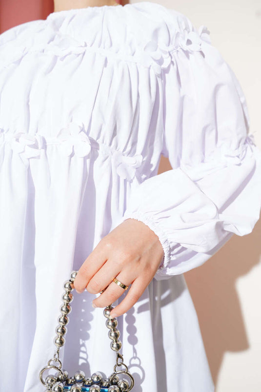 Flower Detailed Elastic Sleeve Blouse White