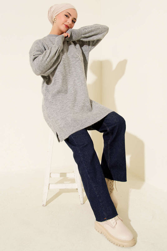 Tunique en tricot doux à détails floraux grise