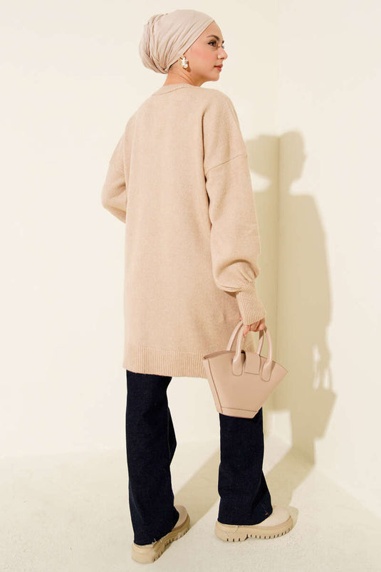 Tunique en tricot doux à fleurs détaillées Latte