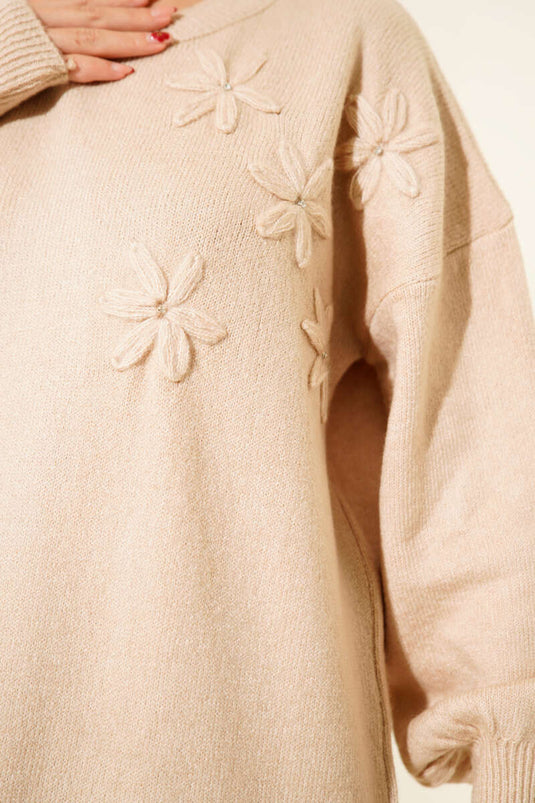 Tunique en tricot doux à fleurs détaillées Latte