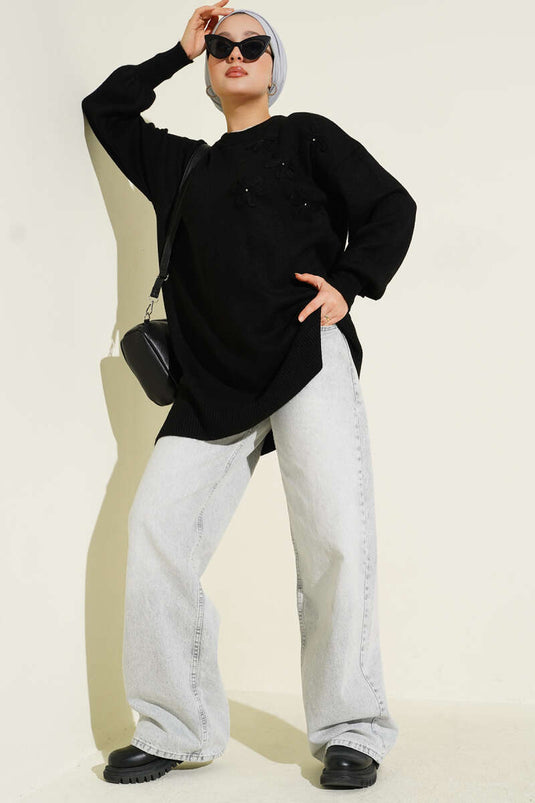 Flower Detailed Soft Knit Tunic Black