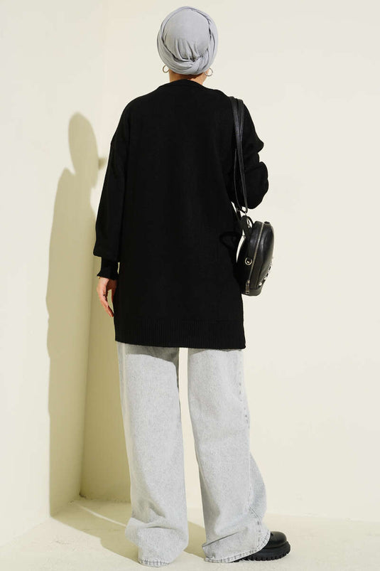 Flower Detailed Soft Knit Tunic Black