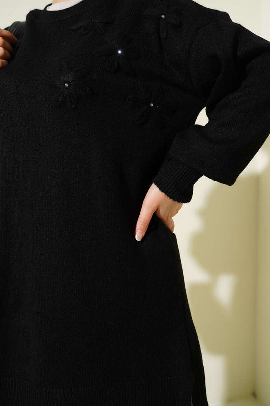 Çiçek Detaylı Yumoş Triko Tunik Siyah