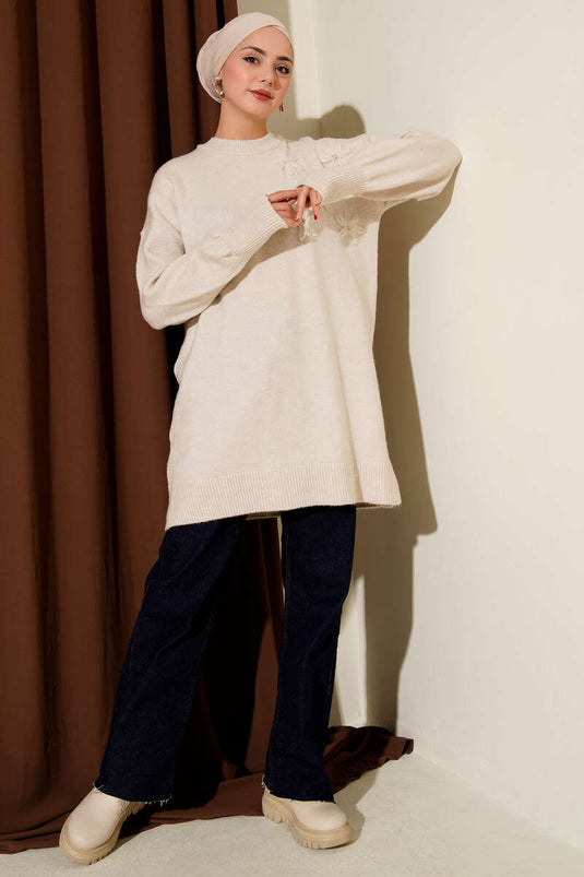 Tunique en tricot doux à fleurs détaillées Stone