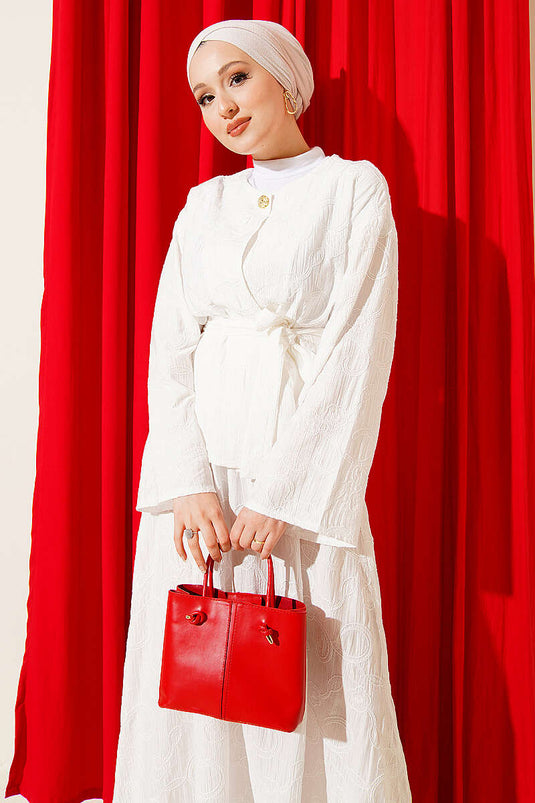 Floral Stitched Belted Skirt Two-Piece Set White