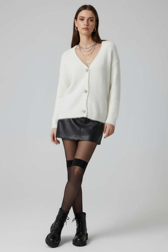 Knitted Cardigan with Floral Button Detail, Ecru