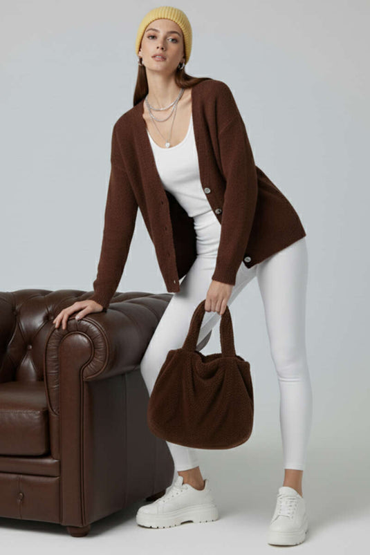 Çiçek Düğme Detaylı Triko Hırka Kahve