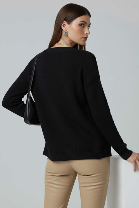 Çiçek Düğme Detaylı Triko Hırka Siyah