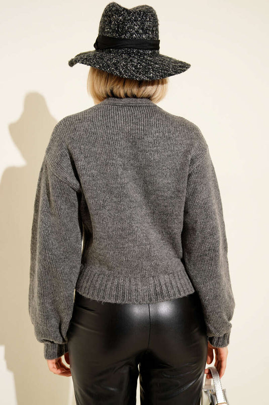 كارديجان قصير محبوك بأزرار مزينة بالزهور، رمادي داكن