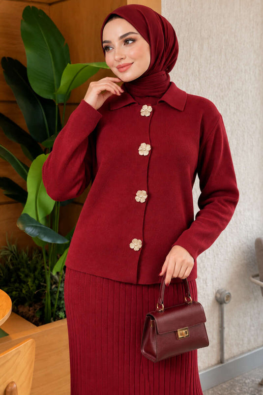 Completo Gonna In Maglia Con Bottoni E Fiori Dorati Bordeaux