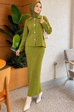 Ensemble De Jupe En Tricot À Boutons Ornementaux Et Motif Floral En Vert Menthe