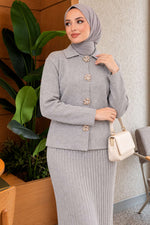 Ensemble Jupe En Tricot À Boutons Or Et Motifs Floraux Gris