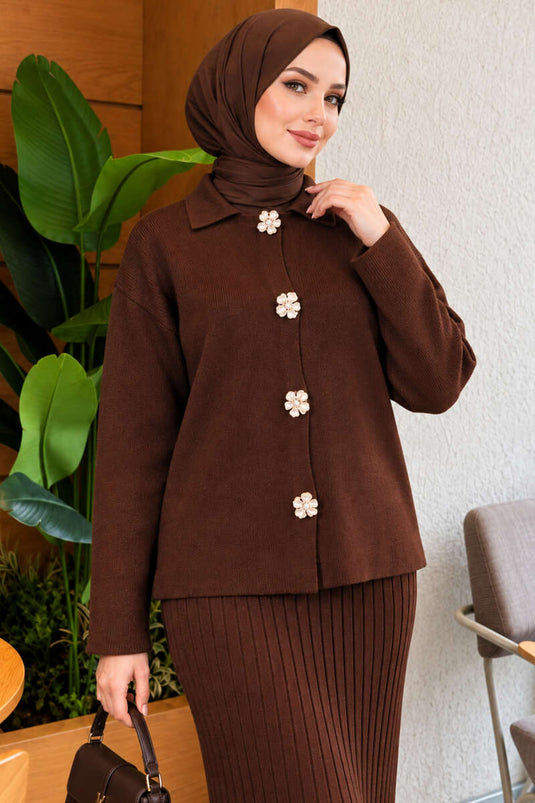 Conjunto De Falda De Punto Con Botones Y Estampado Floral Dorado En Marrón