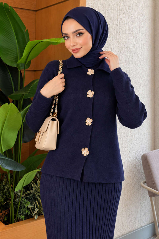 Ensemble Jupe En Tricot À Boutons Or Floral Marine