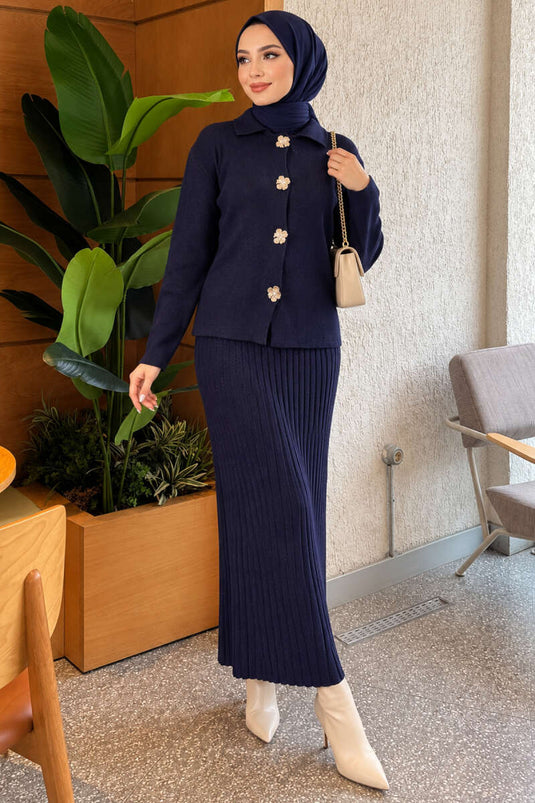 Ensemble Jupe En Tricot À Boutons Or Floral Marine