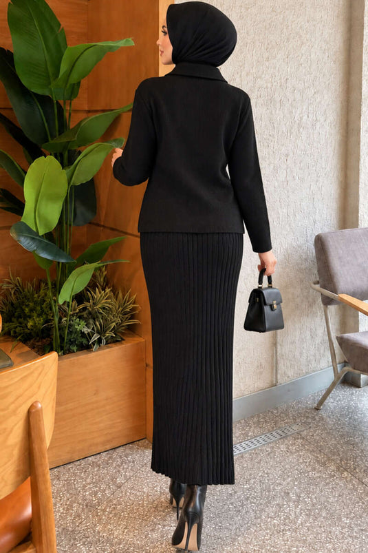 Completo Gonna In Maglia Con Fiori E Bottoni Nero