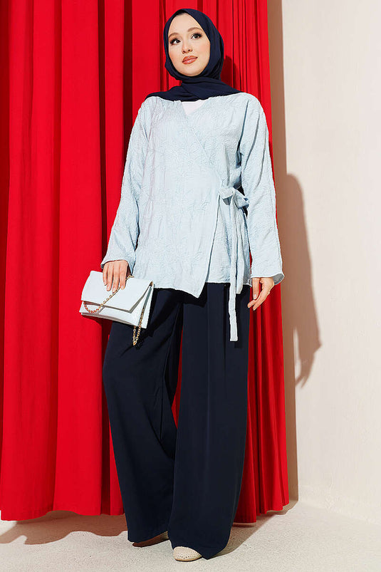 Çiçek İşlemeli Bağlamalı Kimono Bebe Mavi