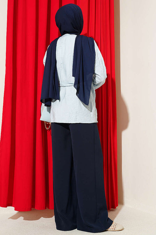 Çiçek İşlemeli Bağlamalı Kimono Bebe Mavi