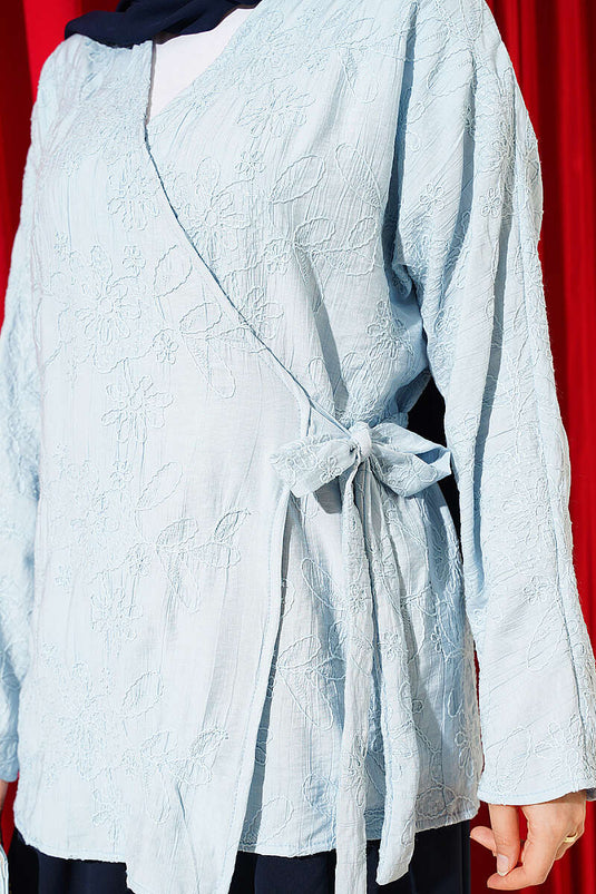Çiçek İşlemeli Bağlamalı Kimono Bebe Mavi