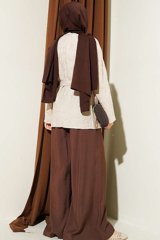 Çiçek İşlemeli Bağlamalı Kimono Bej