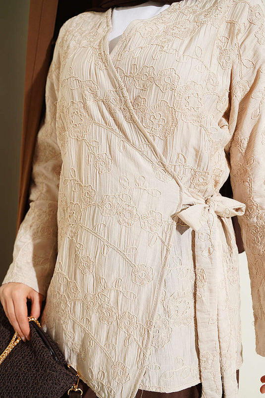 Çiçek İşlemeli Bağlamalı Kimono Bej