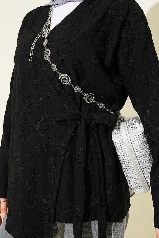 Çiçek İşlemeli Bağlamalı Kimono Siyah