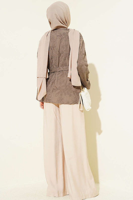 Çiçek İşlemeli Bağlamalı Kimono Vizon