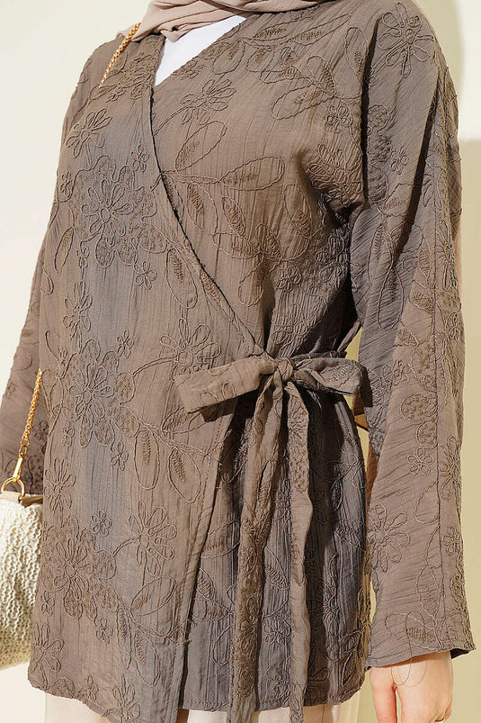 Çiçek İşlemeli Bağlamalı Kimono Vizon