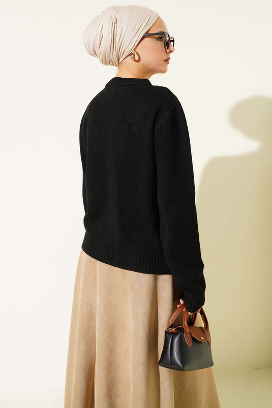 كارديجان قصير محبوك مطرز بالزهور، أسود