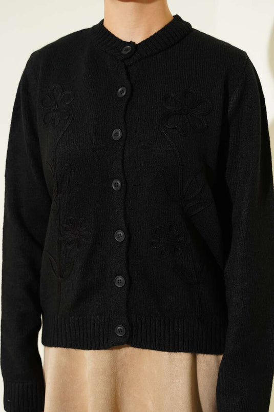كارديجان قصير محبوك مطرز بالزهور، أسود