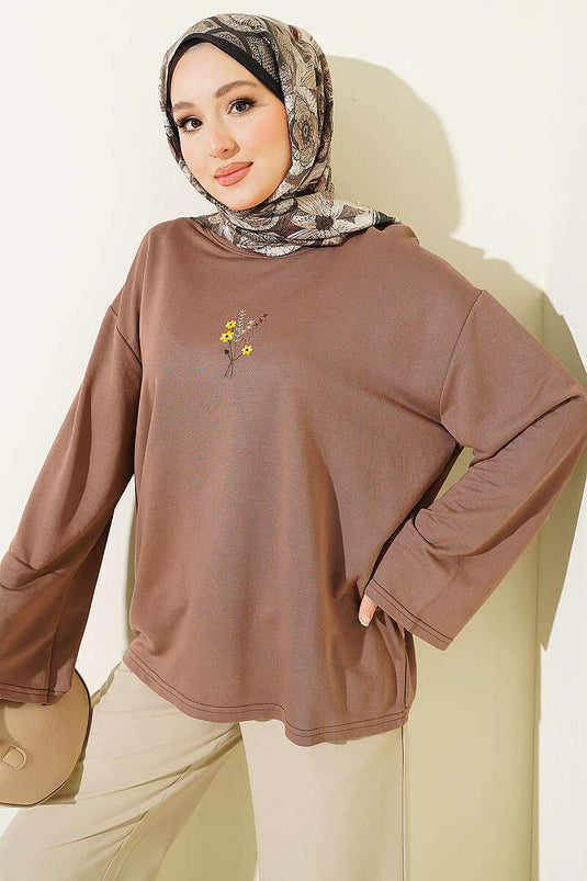 Blouse Loyşa brodée de fleurs, couleur marron châtaigne