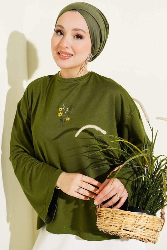 Blouse Loyşa verte brodée de fleurs
