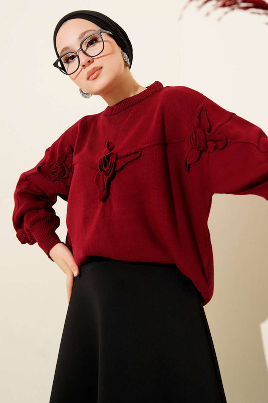 Pull en maille brodé de fleurs, bordeaux