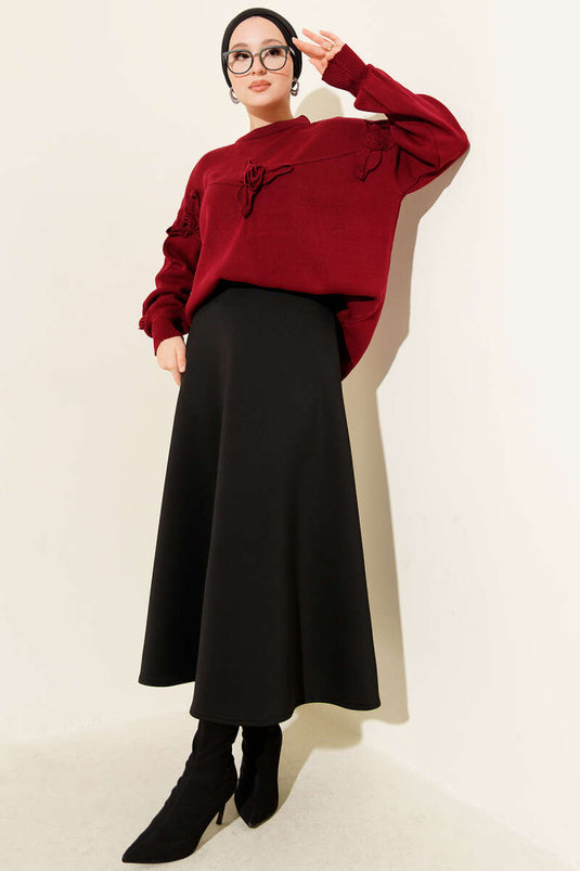 Pull en maille brodé de fleurs, bordeaux