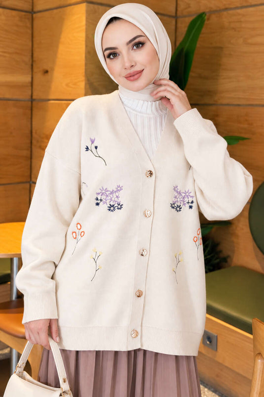 Gilet En Maille Crème À Broderies Florales Et Col En V