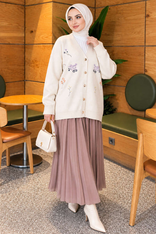 Gilet En Maille Crème À Broderies Florales Et Col En V