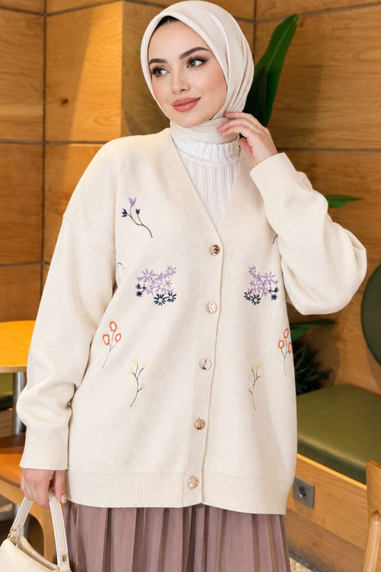 Gilet En Maille Crème À Broderies Florales Et Col En V
