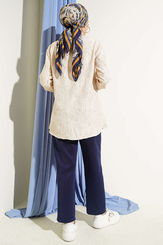 Basic Shirt with Floral Embossing Beige