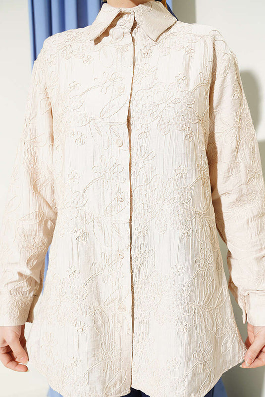 Basic Shirt with Floral Embossing Beige