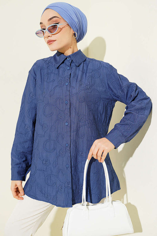 Floral Embossed Basic Shirt Indigo